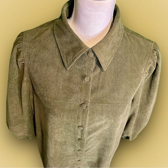 7 For All Mankind Olive Green Corduroy Puff-Sleeve Button-Down Shift Dress Sz M - Picture 4 of 14